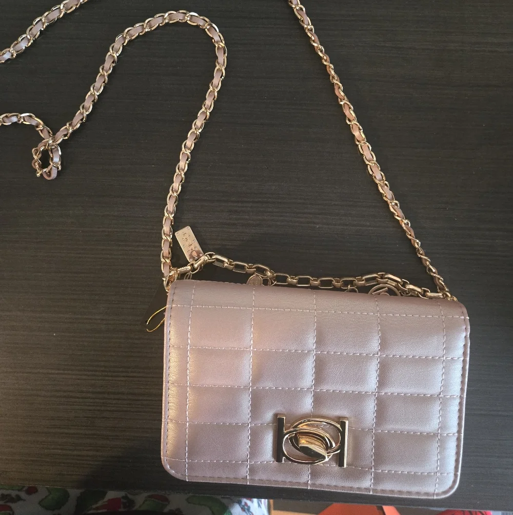Bebe Jacari Crossbody Bag Iridescent Mauve Quilted Gold Chain⁸look